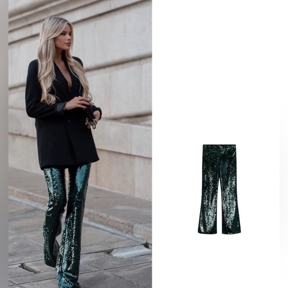 Zara dark green dressy sequin flare pants blogger favorite medium - Picture 4 of 9